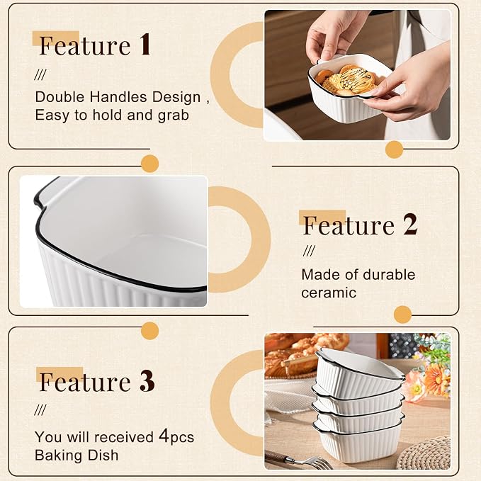 Maxdot 4 Pcs Ceramic Baking Dishes Porcelain Soup Bowls 5.75 Inches Ceramic Square Cereal Bowls with Handles for Kitchen Air Fryer Oven Microwave Safe Serving Mother's Day Wedding Party Gift