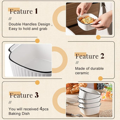 Maxdot 4 Pcs Ceramic Baking Dishes Porcelain Soup Bowls 5.75 Inches Ceramic Square Cereal Bowls with Handles for Kitchen Air Fryer Oven Microwave Safe Serving Mother's Day Wedding Party Gift