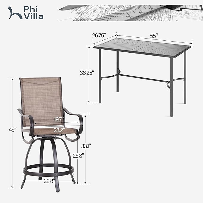 PHI VILLA 5 Piece Outdoor Bar Set, Counter Height Patio Bar Table and Chairs with 26.8" Swivel Bar Stools Brown & Rectangle Bar Table for Garden, Terrace, Yard and Deck