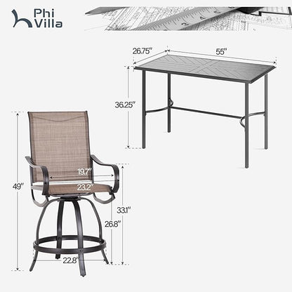 PHI VILLA 5 Piece Outdoor Bar Set, Counter Height Patio Bar Table and Chairs with 26.8" Swivel Bar Stools Brown & Rectangle Bar Table for Garden, Terrace, Yard and Deck