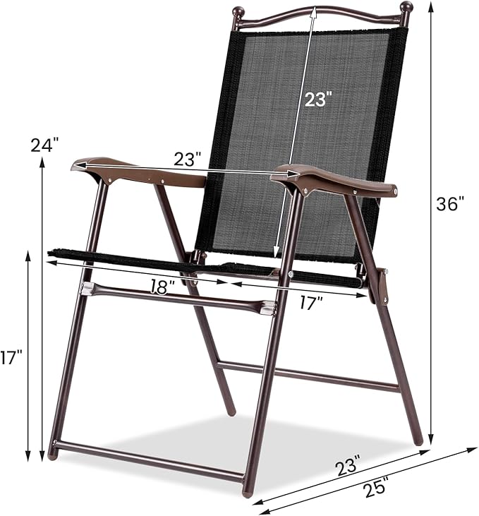 Tangkula Set of 2 Patio Folding Dining Chairs, Outdoor Sling Lawn Chairs with Armrests, Steel Frame, Portable Camping Lounge Chairs for Backyard, Deck, Poolside and Garden, No Assembly (1, Black)