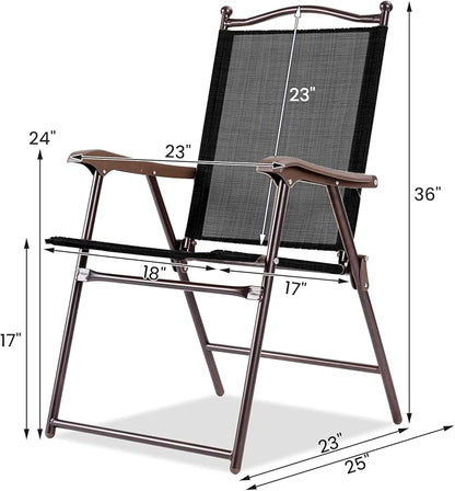 Tangkula Set of 2 Patio Folding Dining Chairs, Outdoor Sling Lawn Chairs with Armrests, Steel Frame, Portable Camping Lounge Chairs for Backyard, Deck, Poolside and Garden, No Assembly (1, Black)