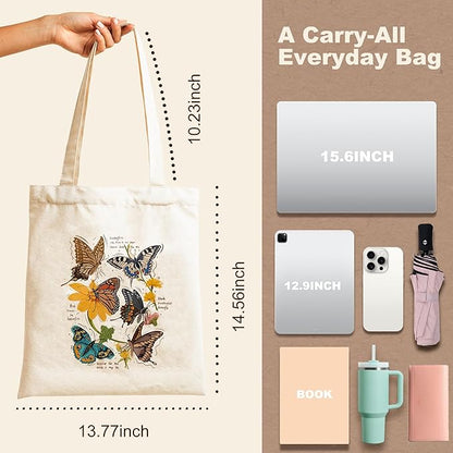 Canvas Tote Bag with Aesthetic Prints, Cute Tote Bag for Women Girls with Wide Strap, Gifts for Cat Book Lovers