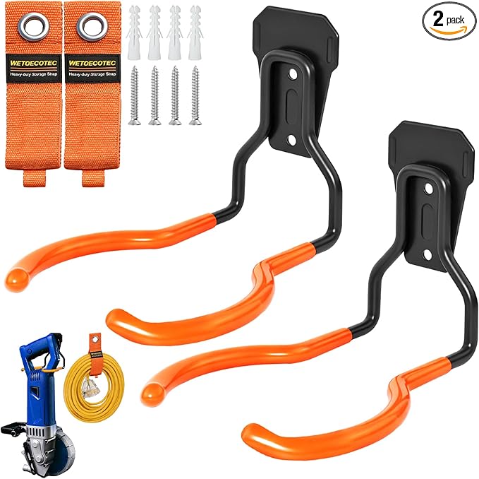 Heavy Duty Garden Power Tool Hanger, Garage Storage Utility Hooks with Storage Straps, Electric Tool Hooks, String Trimmer Hangers, Garden Tool Organizer, Weedeater Rack (2, Orange)