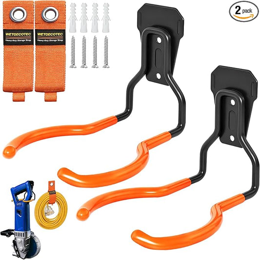 Heavy Duty Garden Power Tool Hanger, Garage Storage Utility Hooks with Storage Straps, Electric Tool Hooks, String Trimmer Hangers, Garden Tool Organizer, Weedeater Rack (2, Orange)
