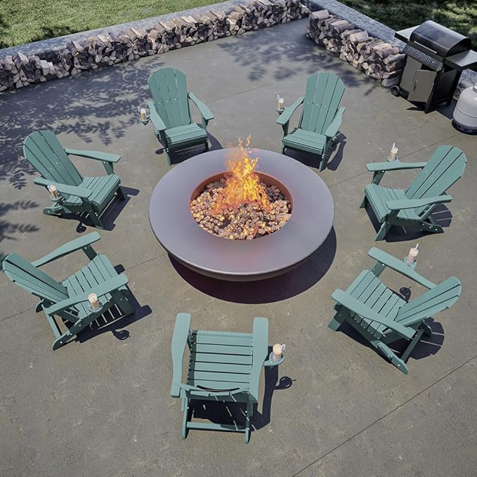 Folding Adirondack Chair with Cup Holders, HDPE Plastic Outdoor Chairs, Weather Resistant, Real Wood Look for Patio, Deck, Fire Pit, Backyard, Aruba Blue