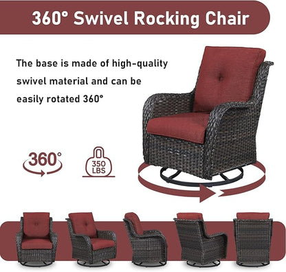 Wicker Patio Furniture-7 Pieces Rattan Patio Furniture Set Outdoor Patio Couch with Swivel Patio Chairs Ottomans and Coffee Table for Deck Poolside Backyard-Brown/Red