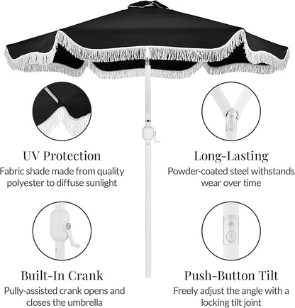 Best Choice Products 9ft Fringe Market Patio Umbrella – Outdoor Boho Tassel Sunshade for Table, Pool, Deck, Backyard – UPF50+, Easy Tilt, Heavy Duty Steel Pole & Ribs