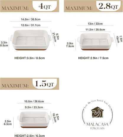 MALACASA Casserole Dishes for Oven with Roasting Racks, Ceramic Baking Dishes Set of 3, Baking Pan Casserole Dish Set, Rectangular Lasagna Pan Deep with Handles for Baking, Khaki White (14.5''/13''/10.5''), Series TARA