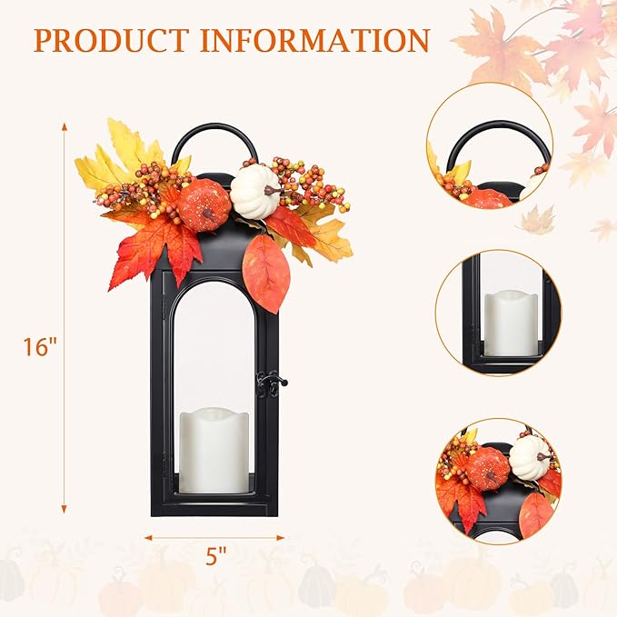 Thanksgiving Outdoor Decorations Lantern 2Pack, Fall Decorations for Home Waterproof 16" Battery Powered Decorative Lanterns Metal Hanging LED Candle Holder, Flameless Candle Lantern for Indoor