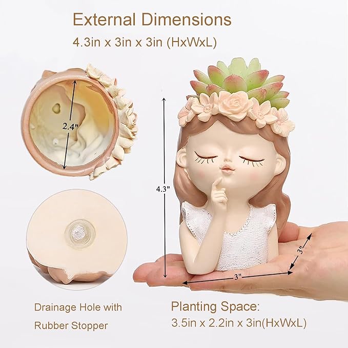 Small Fairy Succulent Plant Pot Set 3 Pack with Drainage Hole Indoor Cactus Pot Cute Flower Vases Decor with Girl Face Planter Gifts Idea for Women Arrive Beautifully Boxed