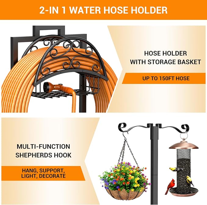 Garden Hose Holder with Shepherds Hooks - Freestanding Metal Water Hose Holder Stand Holds 160ft, Heavy Duty Garden Hanger Storage Rack for Outside Yard Lawn Farm