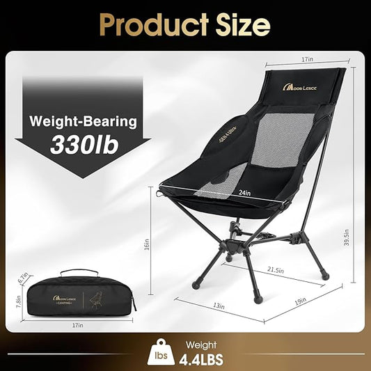 MOON LENCE High Back Folding Camping Chair, 330lbs Portable Compact Chair with Wide Seat & Ergonomic Back Support (Black)