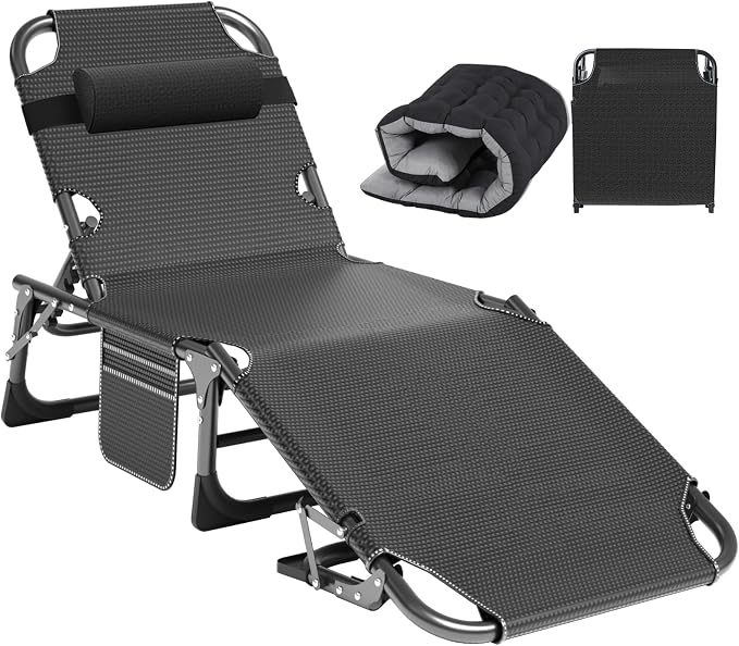 ABORON Tanning Chair, 5-Position Padded Folding Chaise Lounge | 5-position folding chaise lounge supports 500 lb and has a removable cushion and pillow for sunbathing, poolside or patio.