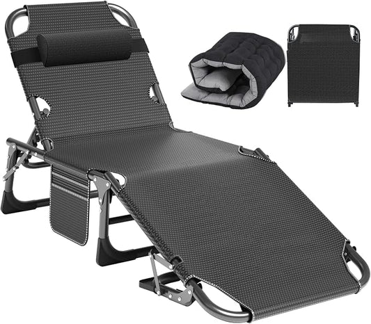 ABORON Tanning Chair, 5-Position Padded Folding Chaise Lounge | 5-position folding chaise lounge supports 500 lb and has a removable cushion and pillow for sunbathing, poolside or patio.