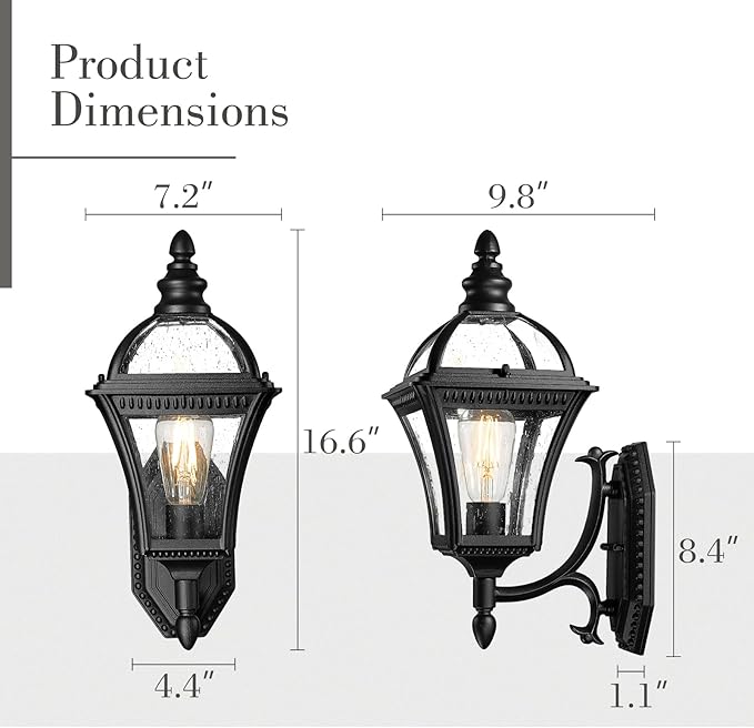 Emliviar Vintage Outdoor Wall Lantern, Matte Black Carriage Wall Light for Yard, Patio, Waterproof Outside Lighting with Seeded Glass, XE266B-S BK