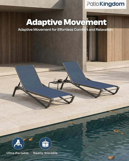 3-Piece Patio Chaise Lounge Set with Side Table, Set of 2 Adjustable Pool Chairs and Aluminum Bistro Table, All-Weather Outdoor Furniture for Pool Deck, Patio & Tanning, Navy Blue