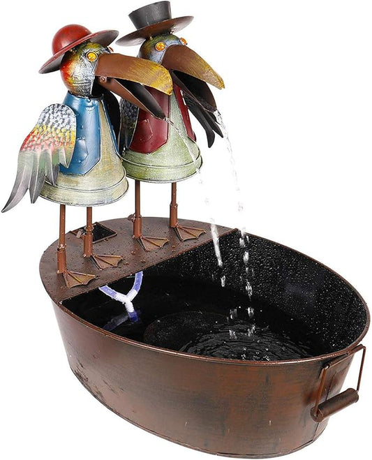 Alpine Corporation 20" Outdoor Tabletop Vintage Rustic Metal Crow Birds, Brown - Charming Waterfall Fountain – Whimsical Garden Decoration - Durable Design for Patio, Yard, Deck