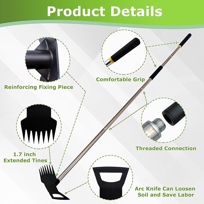Weed Rake and Garden Hoe,7-Tine Weed Puller Tool with Long Handle,4-Section Adjustable 2 in 1 Hoe and Rake for Heavy-Duty Root Removal and Weed Clearing in Yards,Lawns,Patios,and Gardens