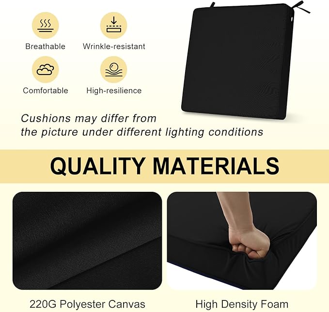 downluxe Waterproof Outdoor Chair Cushions for Patio Furniture, 19" x 19" x 2" Patio Chair Cushion with Adjustable Ties & Portable Handle, Square Outdoor Cushion with Removable Cover, Black, 2 Pack