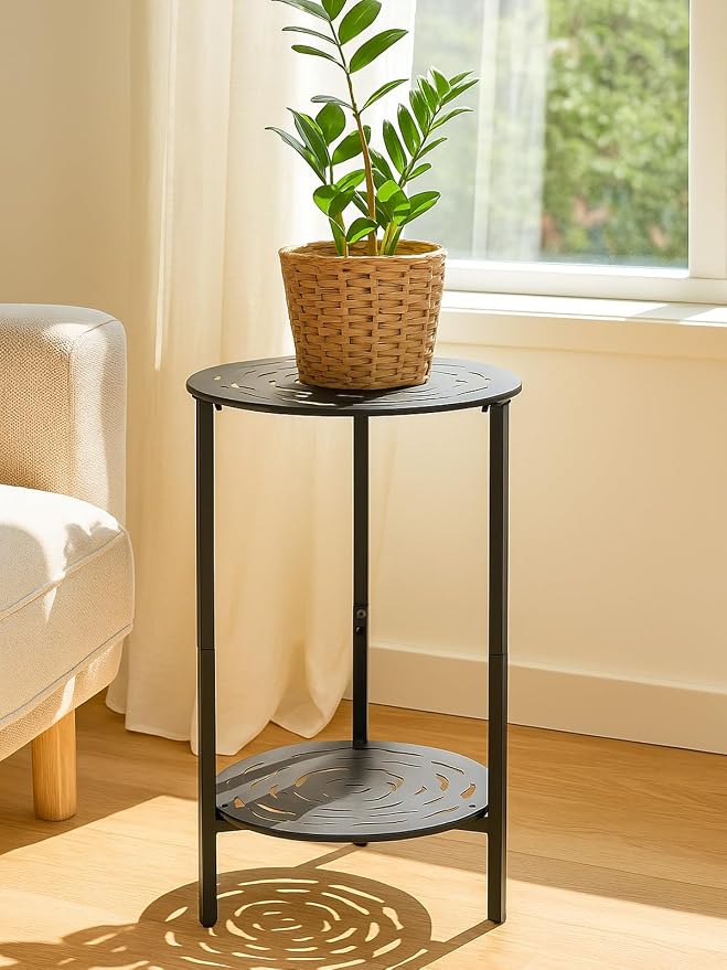 2 Packs Two-tier Metal Round Side Table Black Accent Coffee Tables Small Space Corner Plant Stand Shelf for Indoor Outdoor Use Patio Balcony End Table Laser-Cut Floral Pattern Weather-Resistant