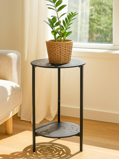 2 Packs Two-tier Metal Round Side Table Black Accent Coffee Tables Small Space Corner Plant Stand Shelf for Indoor Outdoor Use Patio Balcony End Table Laser-Cut Floral Pattern Weather-Resistant