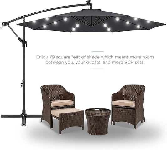 Best Choice Products 10ft Solar LED Offset Hanging Market Patio Umbrella for Backyard, Poolside, Lawn and Garden w/Easy Tilt Adjustment, Polyester Shade, 8 Ribs - Gray