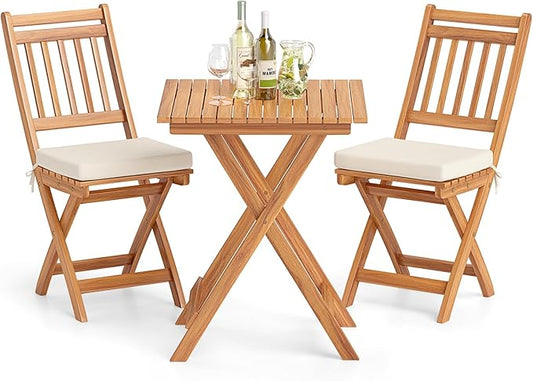 Tangkula Acacia Wood Patio Bistro Set of 3, Outdoor Folding Chair Table Set with Soft Seat Cushions, High Back Armless Chairs with Table, Patio Cushioned Dining Set for Backyard, Poolside (Off White)