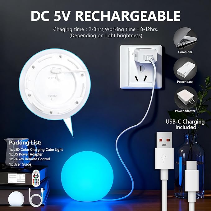 6-inch LED Light Ball,RGB Color Changing Night Light with Remote,Water Resistant,USB Rechargeable Mood Lamp for Kids Room,Bedroom,Patio,Party Decor