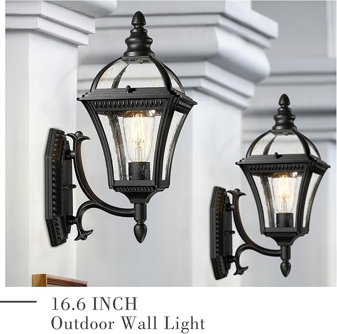 Emliviar Vintage Outdoor Wall Lantern, Matte Black Carriage Wall Light for Yard, Patio, Waterproof Outside Lighting with Seeded Glass, XE266B-S BK