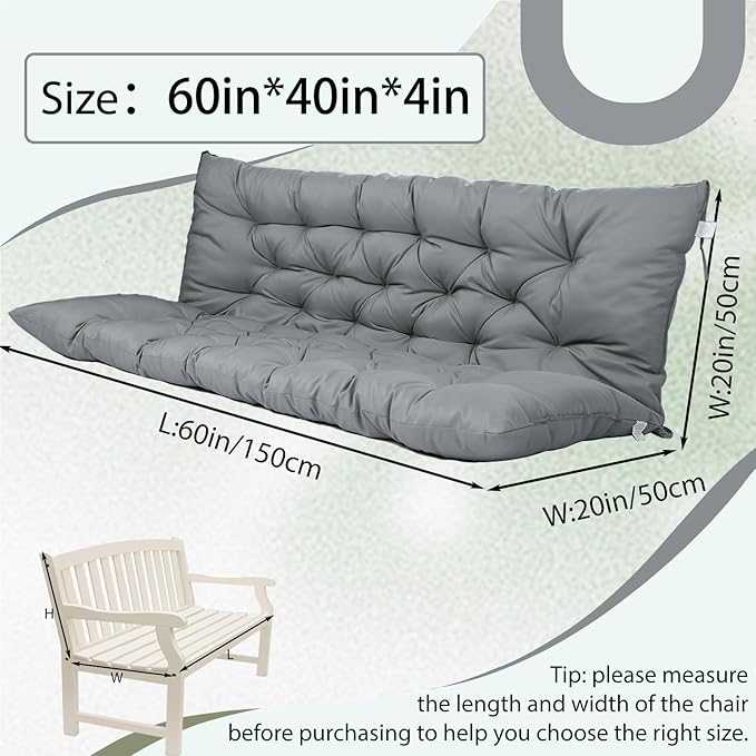 2/3 Seater Swing Replacement Cushion, Waterproof Porch Swing Cushions with Backrest, Thickened Bench Cushions for Outdoor Furniture, for Outdoor Patio Swing (Light Grey, 60 * 40 in)