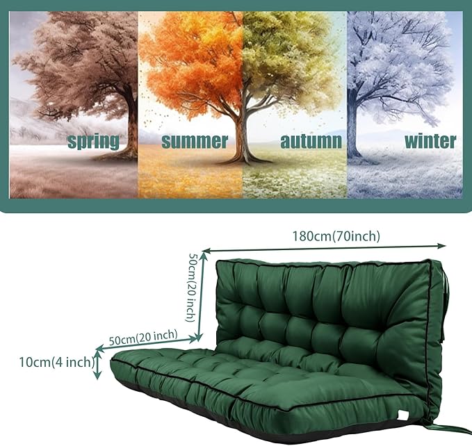 Replacement Cushions for Swing, Swing Cushions 3 Seater Replacement, Waterproof Thicken Washable Pad Cushion for Outdoor Indoor Furniture Swing Patio (Dark Green, 40x70 inch)