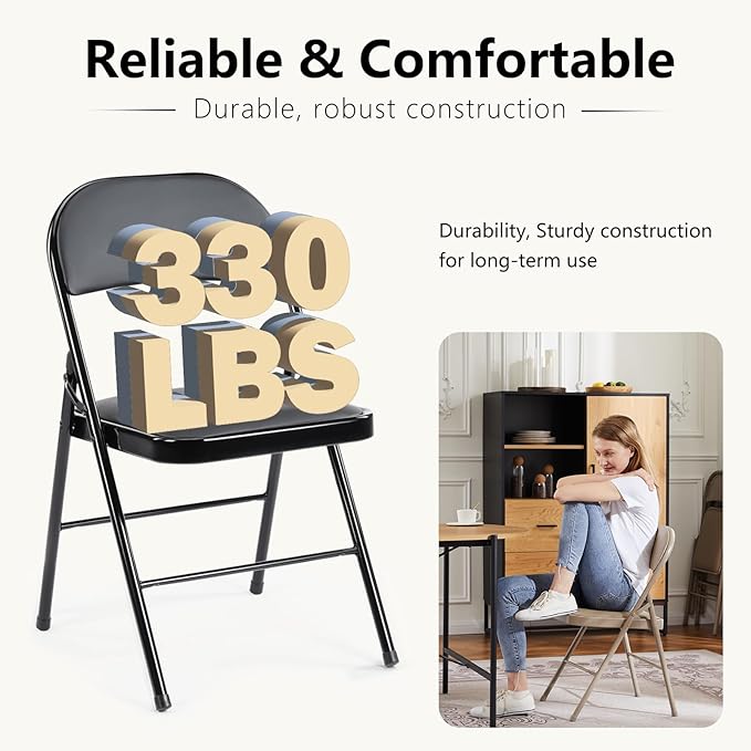 DUMOS 6 Pack Leather Padded Folding Chair, Indoor Outdoor Portable Stackable Commercial Seat with Steel Frame, Capacity for Home, Office, Party, Comfy, Black
