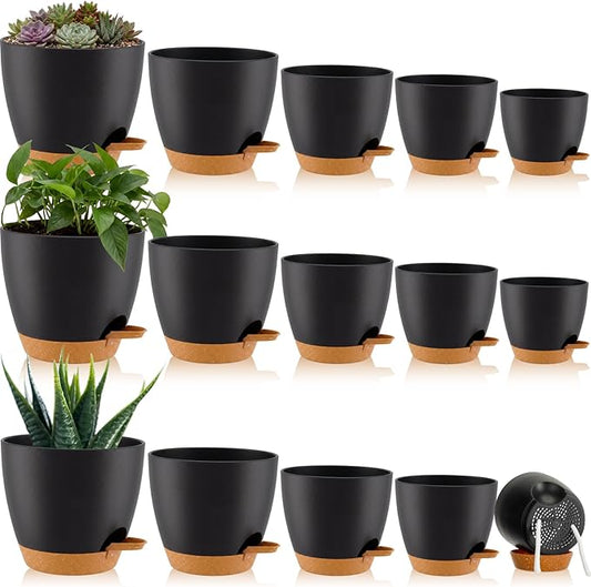 Remerry 15 Pcs 7/6.5/6/ 5.5/5 Inch Self Watering Planters with Drainage Hole Plant Pots Plastic Flower Pots Self Watering Pot and Saucer Reservoir for Garden Plant Flower(Black)
