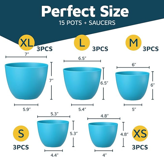 Blue Plant Pots with Drainage Holes & Saucers 15 Pack, Indoor & Outdoor Stackable Space-Saving Planters for Houseplants & Flowers, (7", 6.7", 6", 5.3", and 4.8" Inches), Durable & Weatherproof