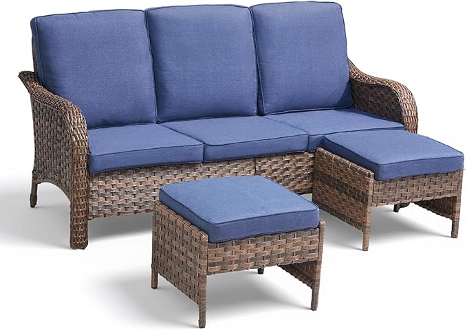 All Weather Wicker Patio Couch Set, Modern 3-Seater PE Wicker Outdoor Sofa Set with 2 Ottomans, All-Weather Thick Cushions & Curved Backrest for Patio Balcony Deck （Blue/Brown