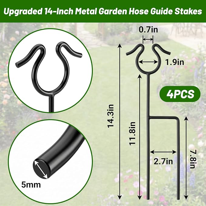 14 inch Garden Hose Guide Spike, 4 Pack Metal Hose Guides for Garden Heavy Duty Rustproof Coated Stake Keeps Water Hose Out of Flower Beds for Outside Lawn & Yard Plant Protection (Black)