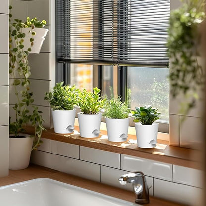 WSMKSZ 4 inch Self Watering Pots for Indoor Outdoor Plants, 6 Pack Plastic Flower Planters with Drainage Holes and Removable Saucers, Plant Pots with Wicking Rope, Modern Decor, White