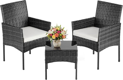 DUMOS 3-Piece Patio Furniture Set, All-Weather Outdoor Wicker Chairs with Removable Cushions & Tempered Glass Table, Small Bistro Set for Porch, Balcony, Lawn, Backyard, Black