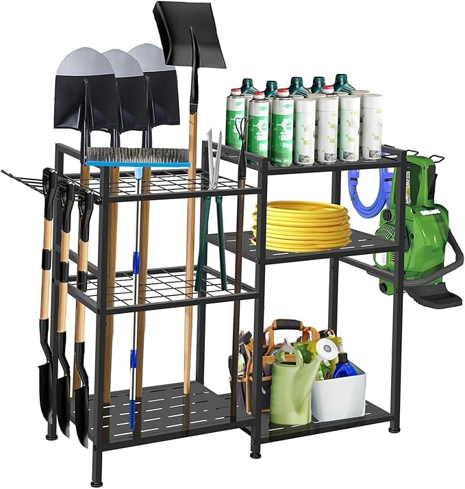 Garden Tool Organizer, 33.8×11.8×32inch Heavy-Duty Steel Garden Tool Rack Storage, Yard Tool Tower Rack for Garage Organizers and Storage, Holds Long-Handled Tools/Rakes/Brooms, Outdoor