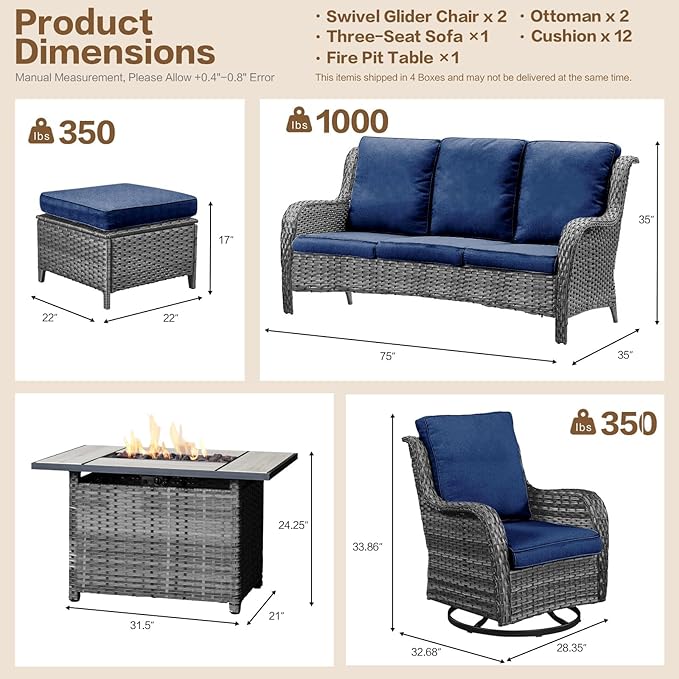 7 Pieces Outdoor Patio Furniture Conversation Set Rattan Wicker with Fire Pit Table, 3 Seat Sofa, 2 Swivel Rocker Chairs, 2 Ottomans and 1 Side Table for Yard Backyard (Grey/Navy Blue)
