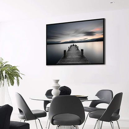Canvas Wall Art Lake Pier: Vintage Wooden Dock in Calming Dawn Picture Painting Print with Deep Black Sturdy Framed for Living Room (45'' x 30'' x 1 Panel)
