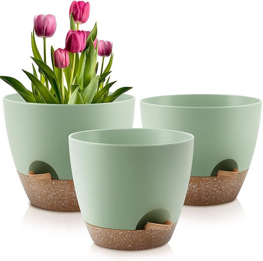 QRRICA Plant Pots 10/9/8 Inch Self Watering Pots, Set of 3 Plastic Planters with Drainage Holes and Saucers,Plastic Flower Pots,Nursery Planting Pot for Indoor Out Door Plants（Green）