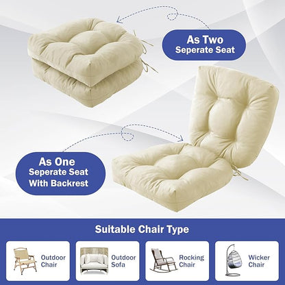 Outdoor Chair Cushions Set of 4, Patio Chair Cushions with Ties, 19x19+5” Tufted Outdoor Seat Cushions, Waterproof Patio Furniture Cushions, Outdoor Dining Chair Pads, Beige