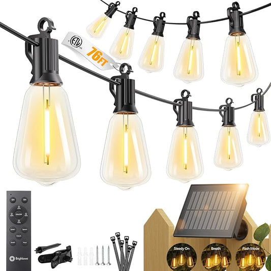 Brightown 76FT Solar String Lights Outdoor Waterproof, Patio Lights with Remote and 23+1 LED Shatterproof Bulbs, Dimmable & Timable, 3 Light Modes, Solar Lights Outdoor for Yard Camping Party Outside