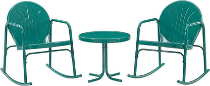Crosley Furniture Griffith 3-Piece Outdoor Rocking Chair and Side Table Set, Retro Metal Bistro Patio Sets, Turquoise Gloss