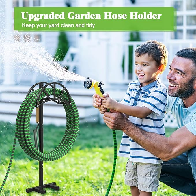 Mr IRONSTONE Garden Hose Holder Freestanding with 4 Spikes, Upgraded Water Hose Holder with Stainless Steel Screws, Heavy Duty Hose Stand Holds (Black)
