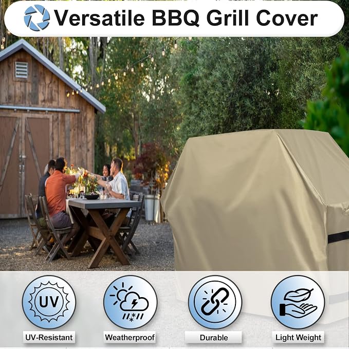 OutdoorLines Waterproof Heavy Duty BBQ Grill Cover - Universal Barbecue Grill Covers UV Resistant Barbeque Gas Grill Cover for Outdoor Outside Grill, 58L x 24W x 44H Inch, Camel