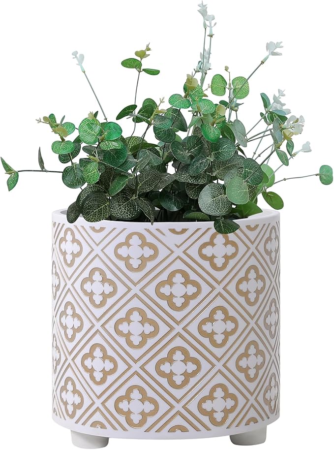 8 Inch Flowerpot, Planter for Indoor Plant, Indoor & Outdoor Plants Pot with Drainage Hole - for Decoration of Home Garden & Terrace, White & Gold