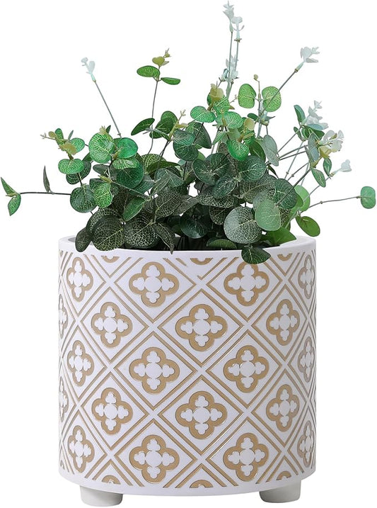 8 Inch Flowerpot, Planter for Indoor Plant, Indoor & Outdoor Plants Pot with Drainage Hole - for Decoration of Home Garden & Terrace, White & Gold